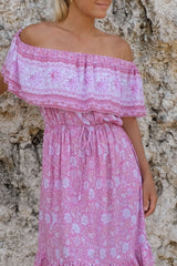 Rosa off shoulder sommerkjole, solkjole